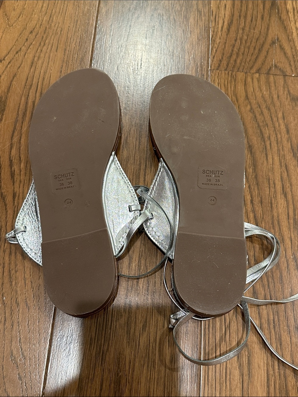 Schutz. Silver Strappy Lace-Up Women's Sandals - Picture 6 of 6